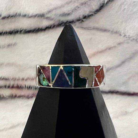 ❤️ Taxco 950 Sterling Silver Peruvian Inlaid Multi-Stone Band Ring Sz 8.5 Unisex - Picture 3 of 11
